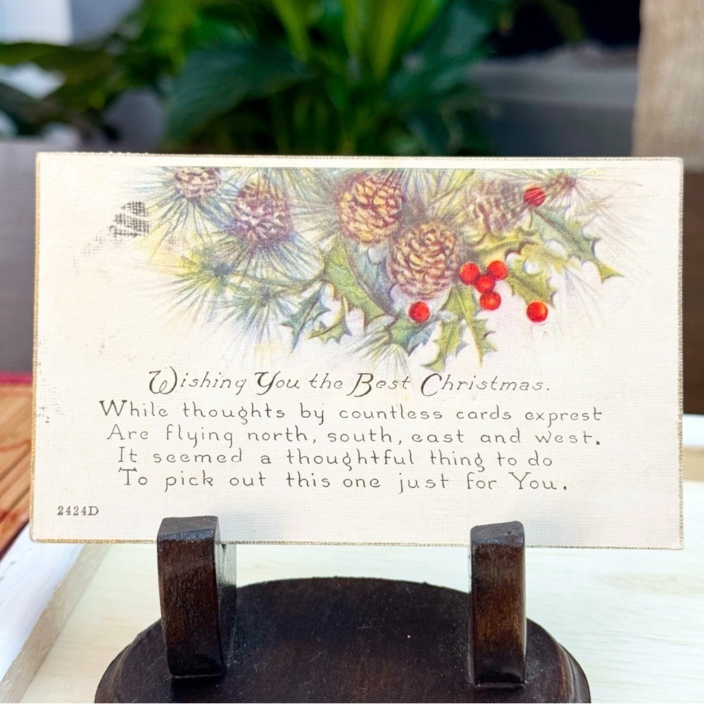 Antique Christmas Postcard Holly & Pinecones Postmarked 1920 Santa Postcard
